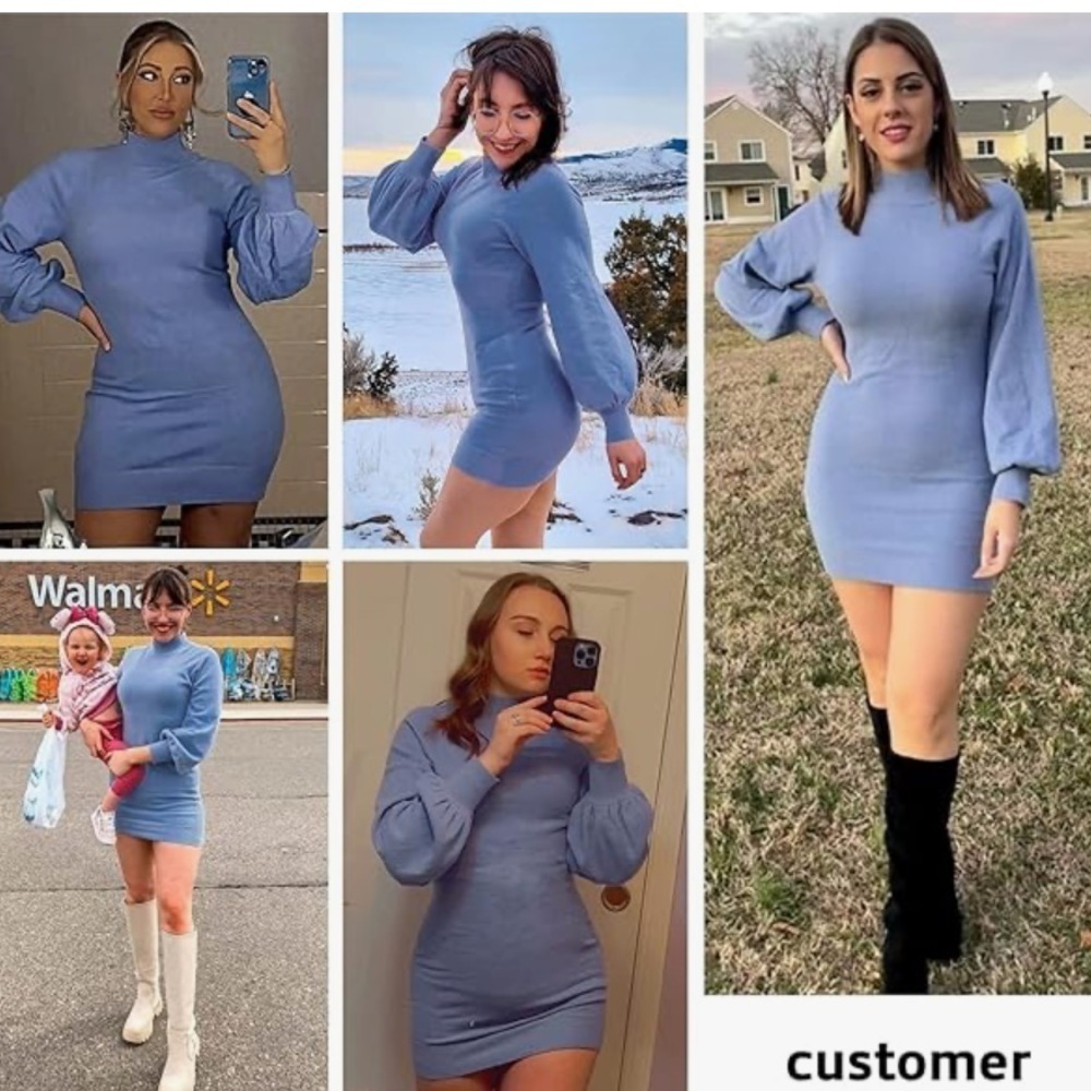 Mock Neck Ribbed Long Sleeve Bodycon Pullover Cute Mini Sweater Dress - Picture 2 of 6